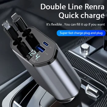 4 in 1 120W Caricabatteria per auto Adattatore per accendisigari per auto retrattile USB Tipo C Cavo di ricarica rapido per IPhone Xiaomi Huawei Samsung
