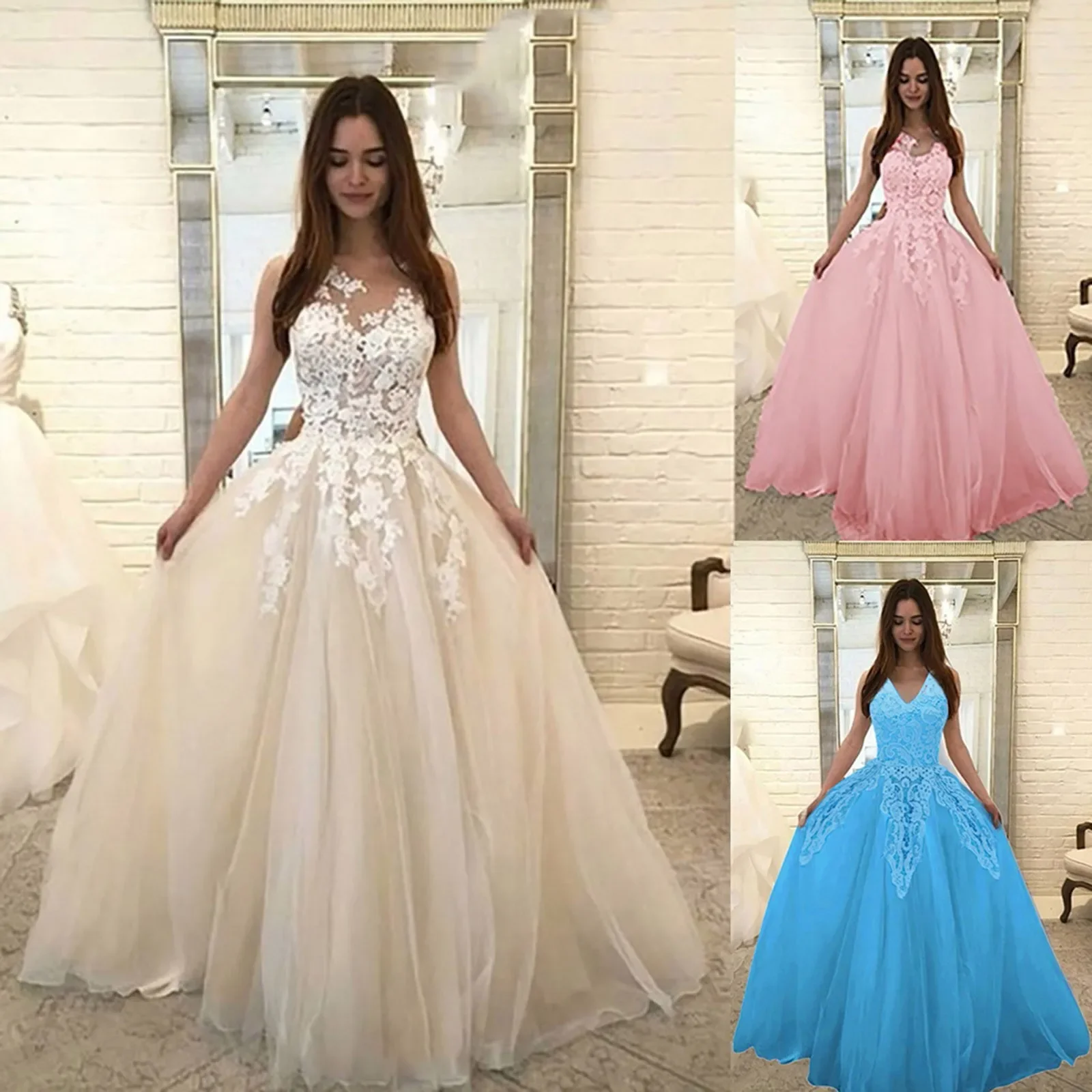 

Women Floral Lace Dress Wedding Elegant Chiffon White Evening Party Maxi Dress Ball Gown V Neck Sleeveless Long Dress Vestidos
