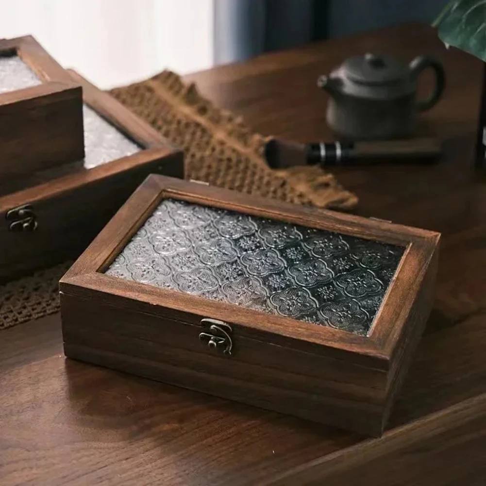 Haitang Flower Glass Storage Box Vintage In Legno Massello Storage Cabinet Desktop Sorting Flipping Scatola Di Legno Decorazione Della Tavola Di Trucc