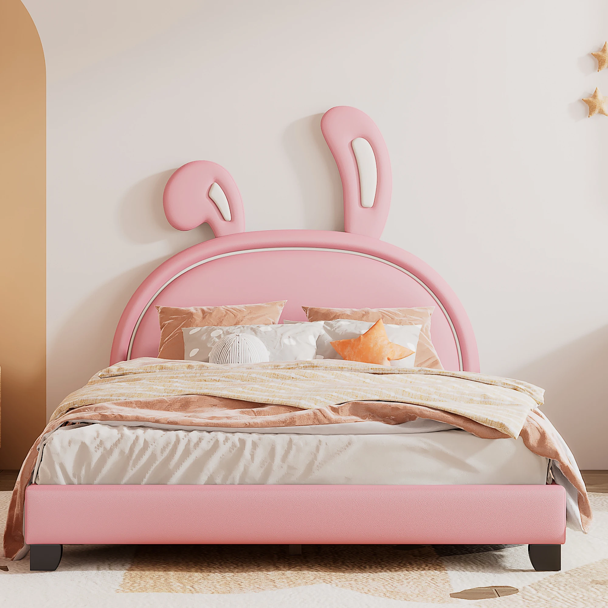 

[Flash Sale]Full/Twin Size PU Upholstered Leather Platform Bed with Rabbit Ornament Headboard Pink/White/Gray[US-W]