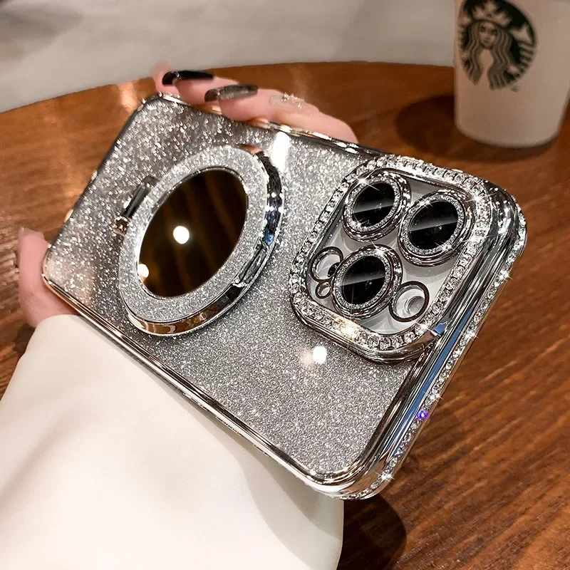 Luxury Diamond Clear Glitter Phone Case with Mirror Magnetic Holder and Stand