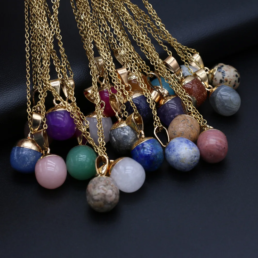 

10pcs Natural Crystal Stone Bean Ball Pendant Tiger's Eye Kallaite Rose Pink Quartz Chakra Reiki Healing Necklaces for Women Men