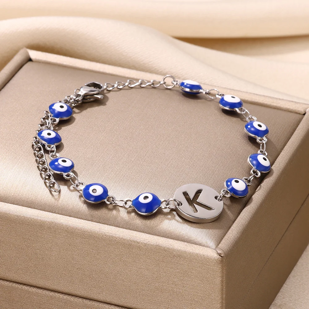 Turkish Blue Eye Letters Bracelets For Women Girl Men Jewelry Stainless Steel Silver Color Initials Round Bracelet Femme