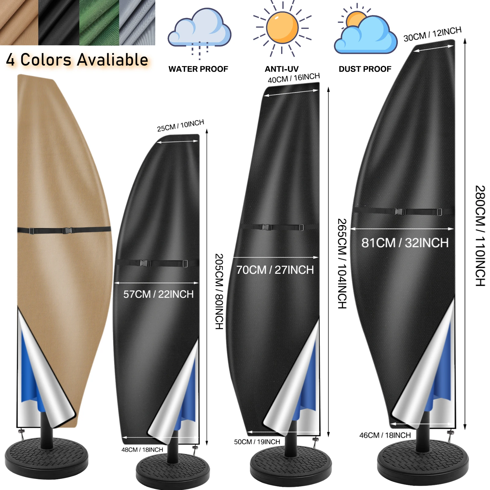 Umbrella Cover 205-280cm Outdoor Waterproof Parasol Banana Style with Zipper for Patio Garden Cantilever Umbrella UV Protection