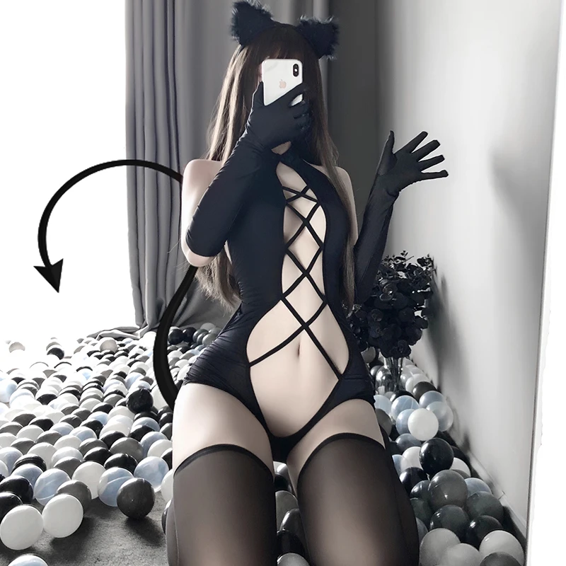 Nuove Donne Hollow Body Lingerie Erotica Anime Devil Costumi Cosplay Open Front Black Cat Underwear Hanging Neck Set
