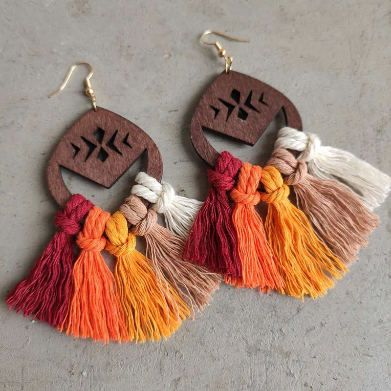 Vintage Wooden and Braided Rainbow Fringe Tassel Earrings for