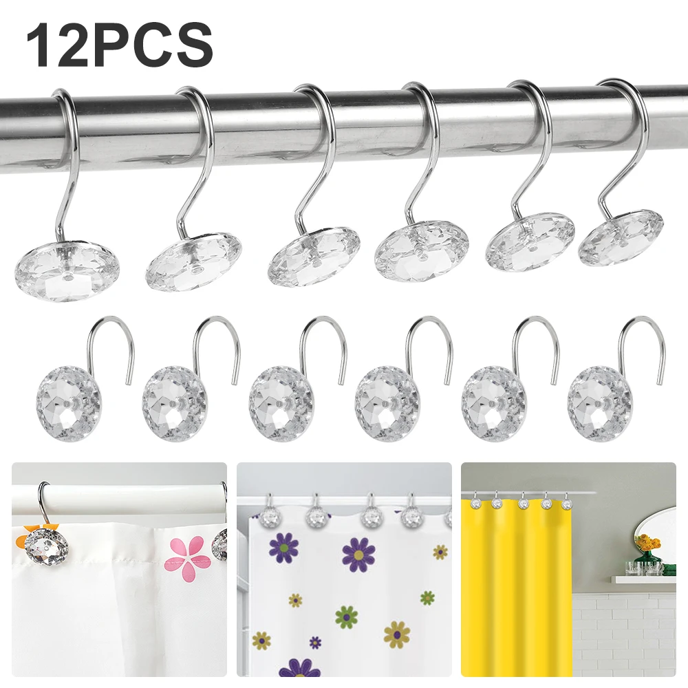 Shower Curtain Clips 12Pcs Shower Curtain Hooks Rustproof Acrylic Crystal Round Diamond Decorative Rings for Curtain Rods Shower Rods