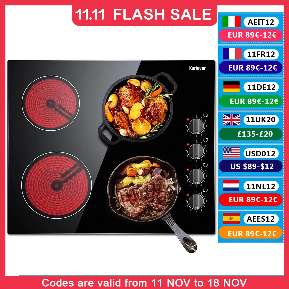 Karinear 4 Burners Electric Cooktop, 24 Inch Built-in, 220-240v, 6000W, Knob Control, Residual Heat Indicator,Hard Wire(No Plug)