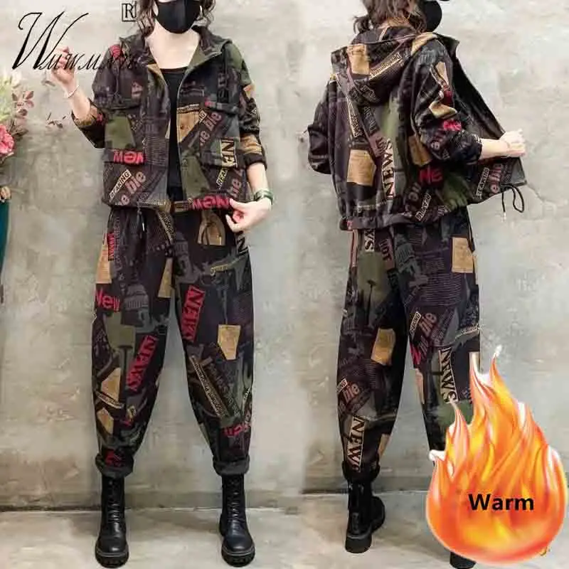 Vintage Print Plush Warm Two Piece Sets Women Outfit Velvet Lined Hooded Jacket Tracksuits Fall Winter Thicken Harem Pants Suit