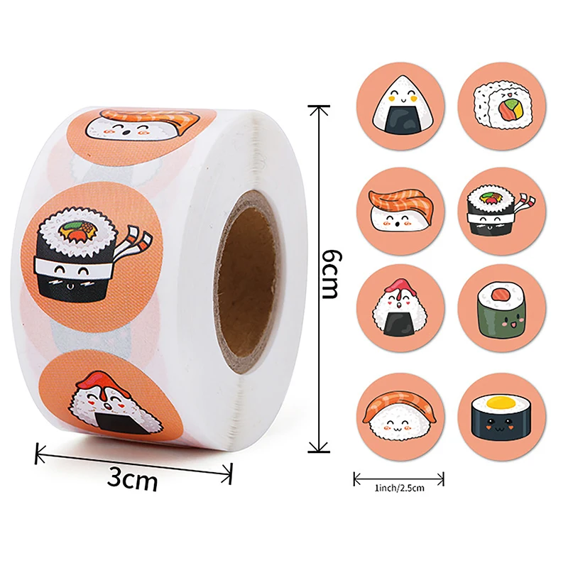 1Roll 2.5cm/1inch Circular Cartoon Sushi Pattern Sticker Birthday Wedding Decor Sticker Baked Dessert Lunch Box Label