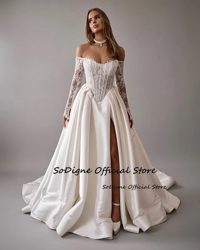 SoDigne A-line Off Shoulder Wedding Dresses Full Sleeves Satin Bridal Dress Split Long Wedding Gown Robe De Mairee ﻿Customized 2