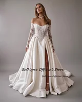 SoDigne A-line Off Shoulder Wedding Dresses Full Sleeves Satin Bridal Dress Split Long Wedding Gown Robe De Mairee ﻿Customized 2