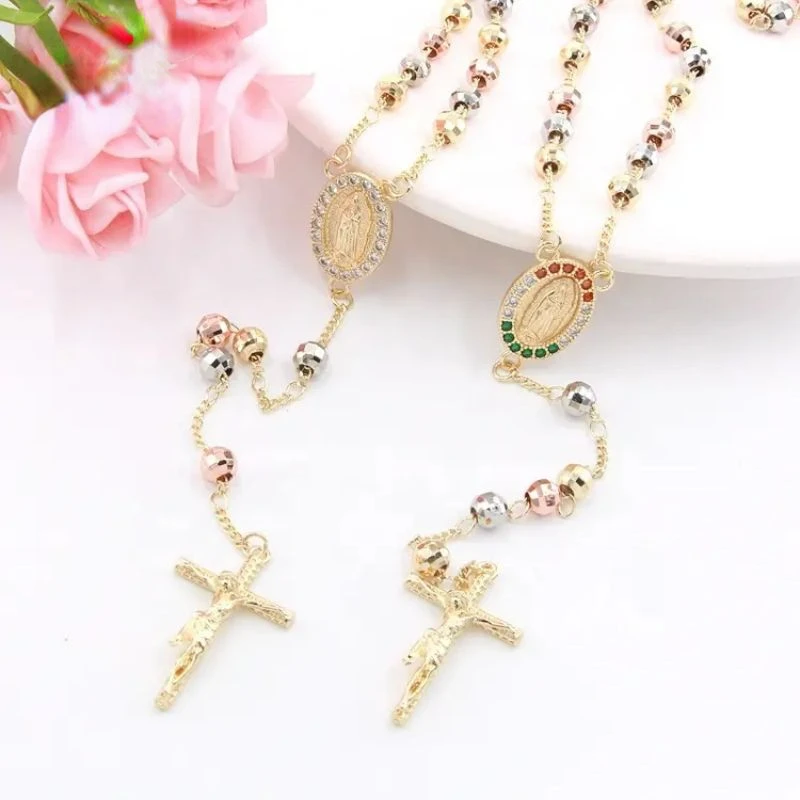 

Ruixi Three-color Rhinestone Religious Cross Jesus God Bless Rosary Boutique 14k Men and Women Pendant Necklace Gift Party