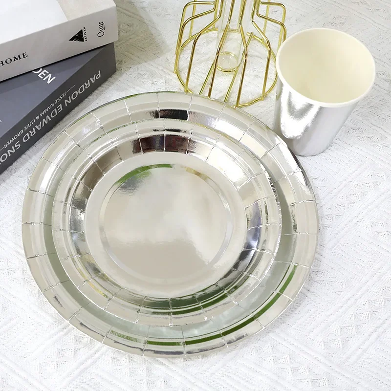 Disposable Tableware Set, Paper Plates and Cups, Monochromatic, Gold, Silver Wedding, Birthday Party Supplies, New Year, 10Pcs,