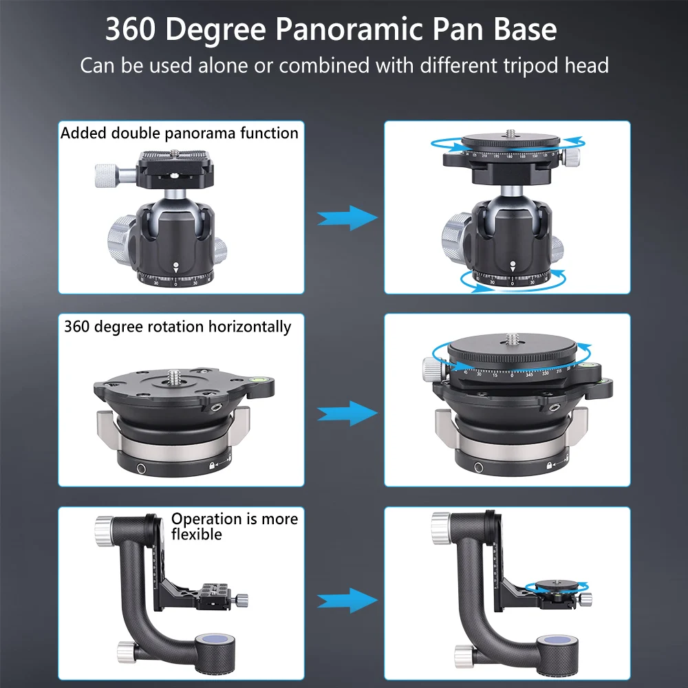 VICELK CNC 알루미늄 360 ° 버블 레벨과 삼각대 모노포드 DSLR 카메라용 Arca 스위스 플레이트가 포함된 파노라마 팬 베이스 로드 10 KG