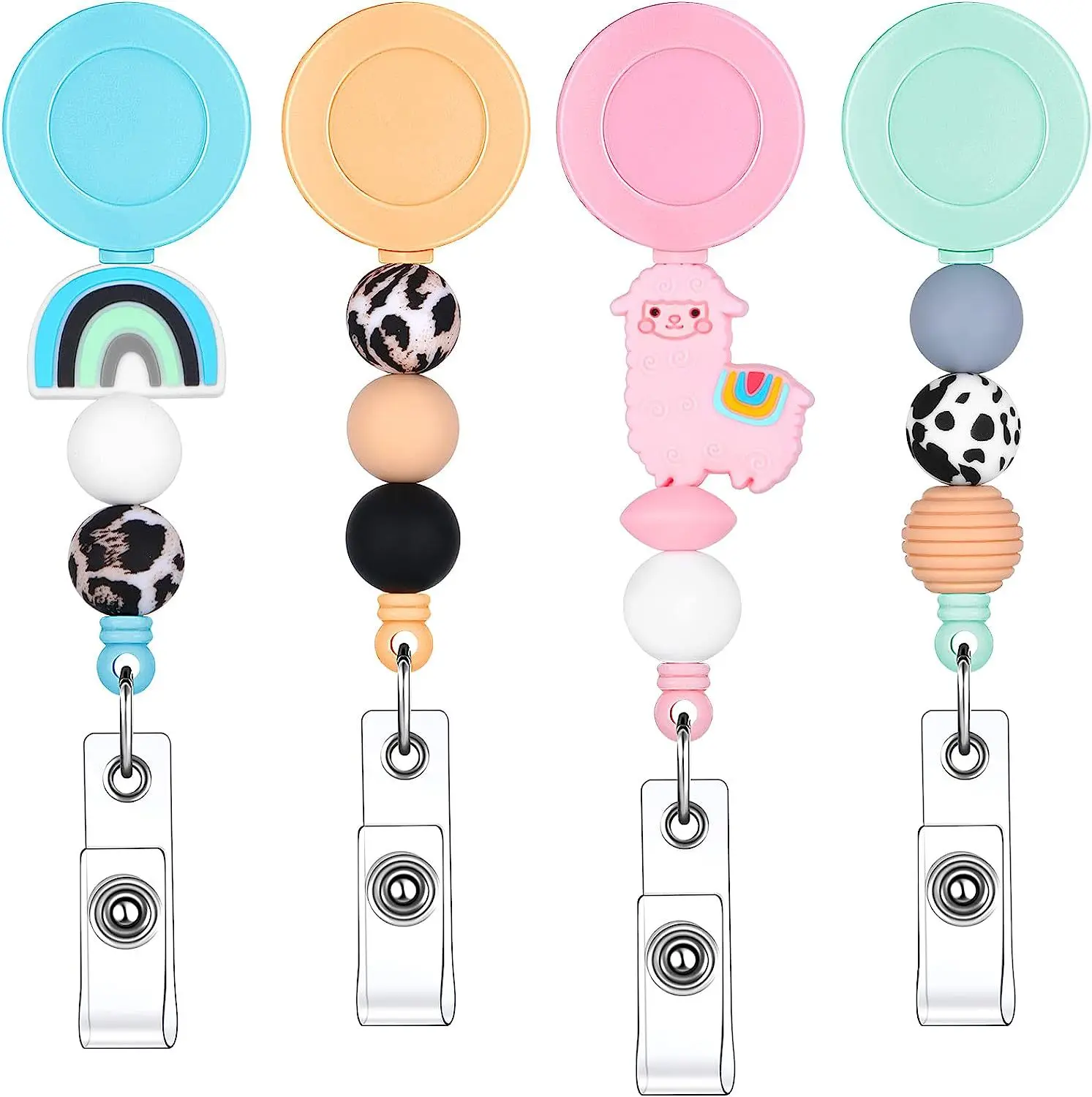 

4pcs Bead Retractable Badge Holder Clips Nurse Chest Badge Reel With Belt Clip Doctor Id Card Chain Clips School Student Office