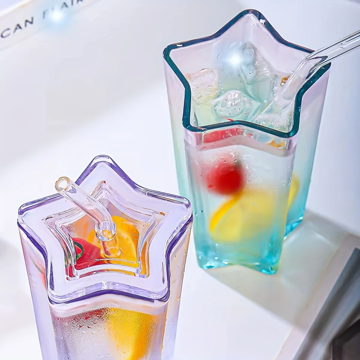 300ml Stylish Star-Shaped Glass Tumbler with Lid Straw Water Cups Glass Water Cup