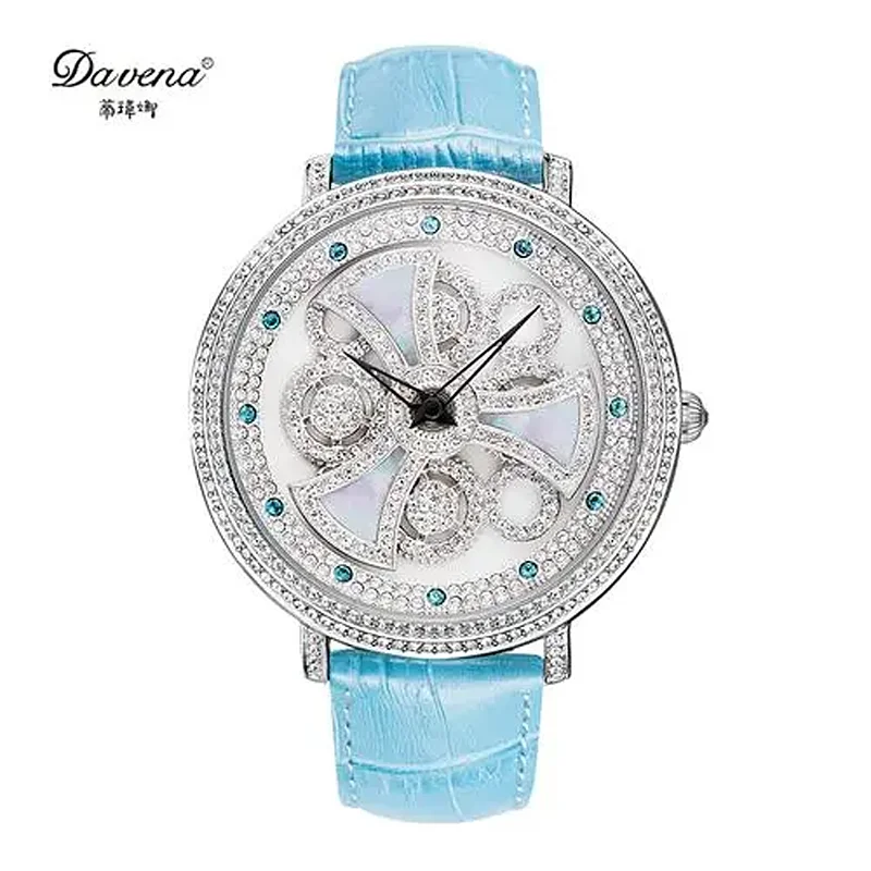 

Luxury Davena Roate Spin Women's Watch Japan Mov't Classic Crystal Lady Hours Fine Fashion Real Leather Bracelet Girl's Gift Box