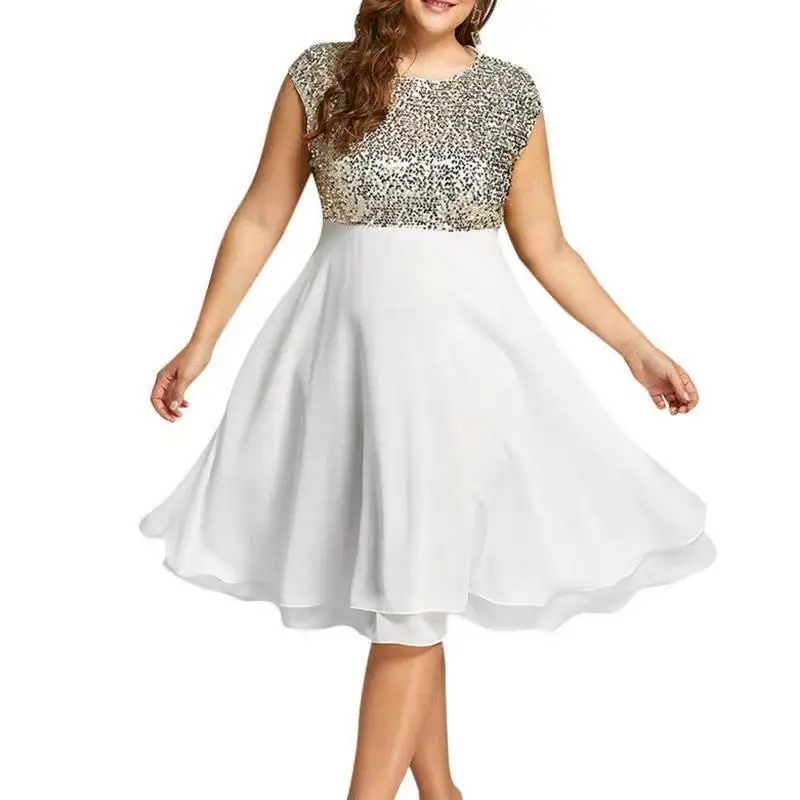 Elegant Solid Chiffon Splicing Sequin Sleeveless Zipper Midi Dress Women's Spring Summer Round Neck Net Yarn Plus Size Dresses