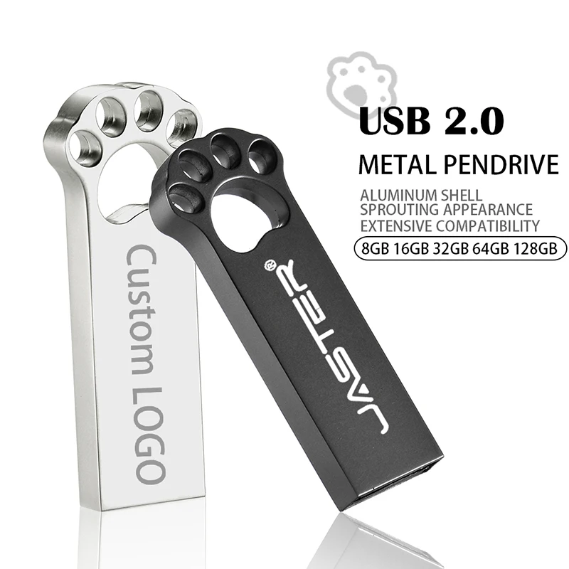 검은 고양이 발 USB 플래시 드라이브, 무료 사용자 정의 로고 메모리 스틱, 금 금속 펜 드라이브, 128GB, 64GB, 32GB, 무료 키 체인 U 디스크, 16GB