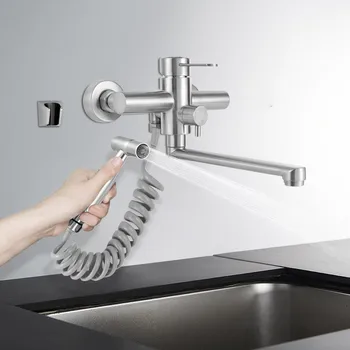 Rubinetto da parete in acciaio inossidabile 304 con pistola ad acqua, spruzzo laterale per cucina bagno, argento 1