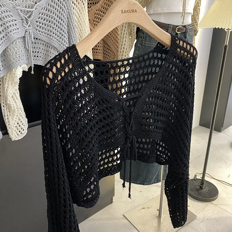 Hollow Out Short Style with Camisole Knitted Sweater for Women's Summer New Loose Long Sleeved Cover Up Sun Protection Top 5