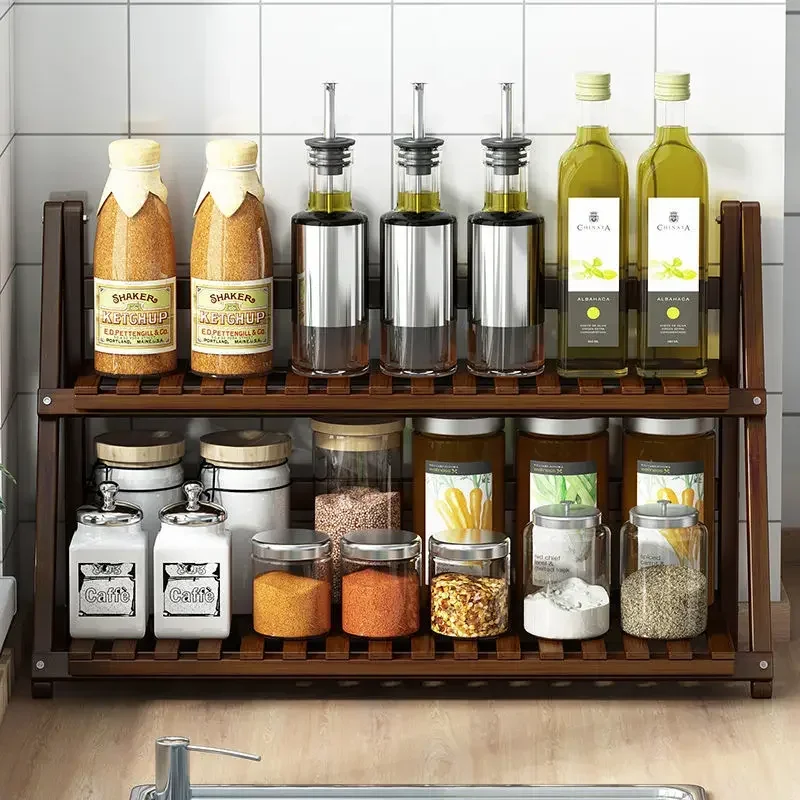 다기능 데스크탑 접이식 스토리지 랙 주방 조미료 2 층 스토리지 랙 대나무 탁상 스토리지 조미료 랙