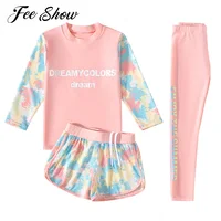 3Pcs Kids Girls Colorful Print Swimsuit Swimwear Long Sleeve Top+Shorts with Pants Set Sun Protection Rash Guard Swimming Outfit 1
