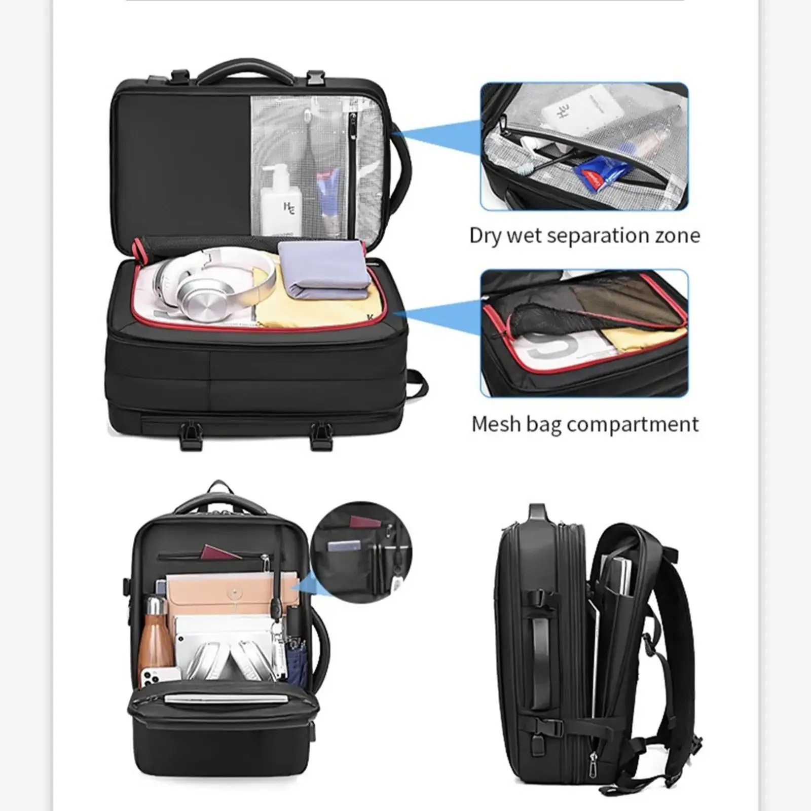 Men Scalable Business Backpack Travel Knapsack Luggage Bag Laptop Storage Pack 17.3 Computer Handbag With Waterproof Raincoat