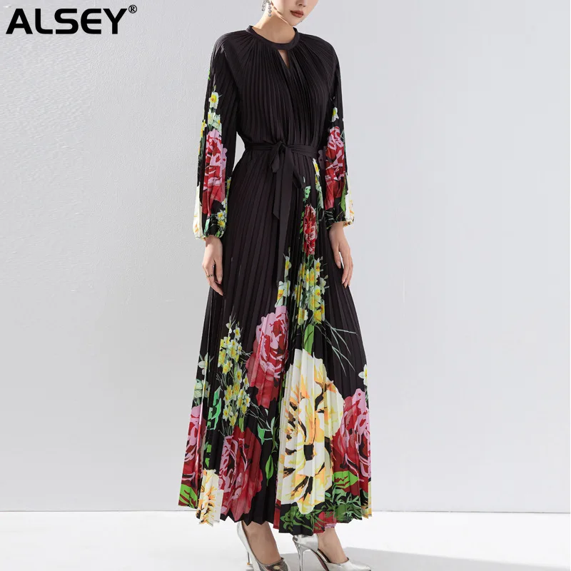 

ALSEY Miyake Pleated Dress 2024 Senior Sense of Print Waist Tie Fall Winter Women's Trend New Noblewoman Dress Long Dresses