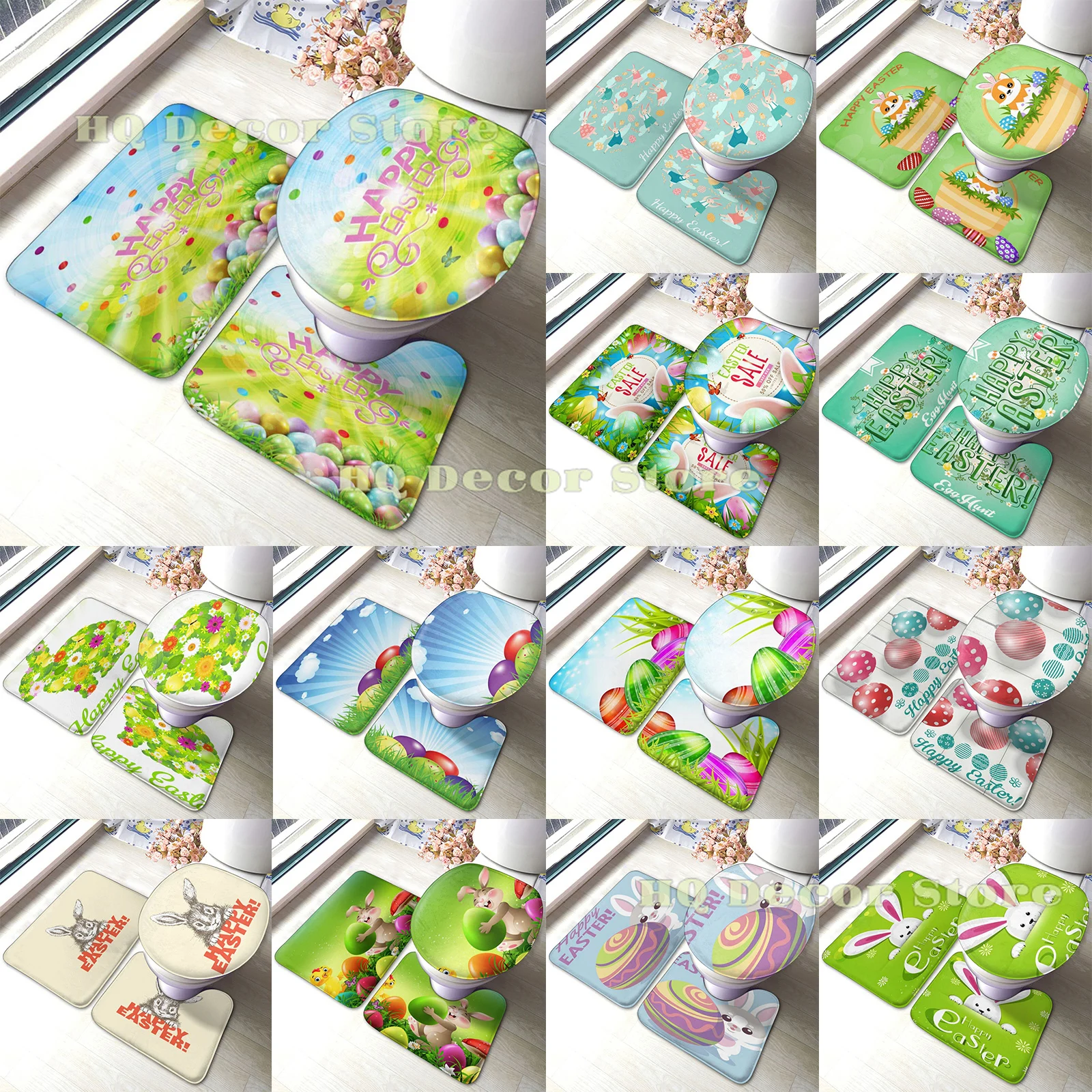 Bathroom Rugs and Mats Sets 3 Piece Happy Easter Eggs Grass Butterflies