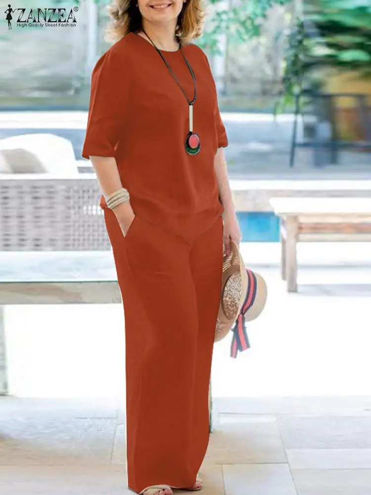ZANZEA 2PCS Women Outfits Fashion Matching Sets Summer Causal Blouse & Wide Leg Pants Solid Loose Tracksuits Oversize Pantsuits 2