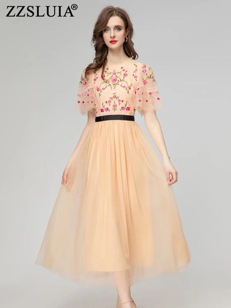 

ZZSLUIA Цветочная вышивка лоскутное дизайнерское тонкое длинное платье модное ажурное элегантное Сетчатое платье с коротким рукавом женская одежда