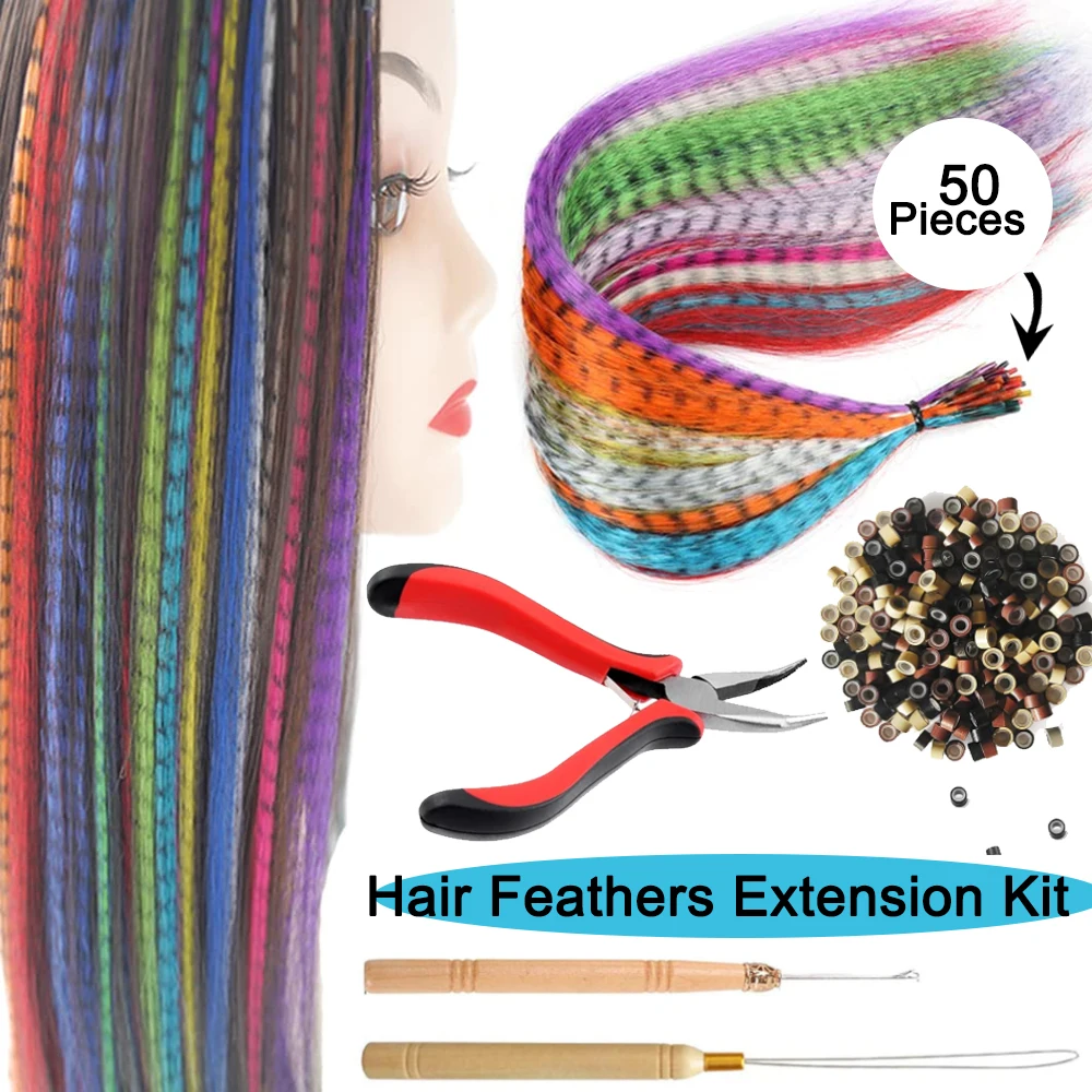 Kit de extensión de plumas para el cabello, 50 Uds., extensiones de cabello de plumas sintéticas, piezas de cabello y 100 Uds. De cuentas de microenlace de silicona y herramienta de 3 uds.