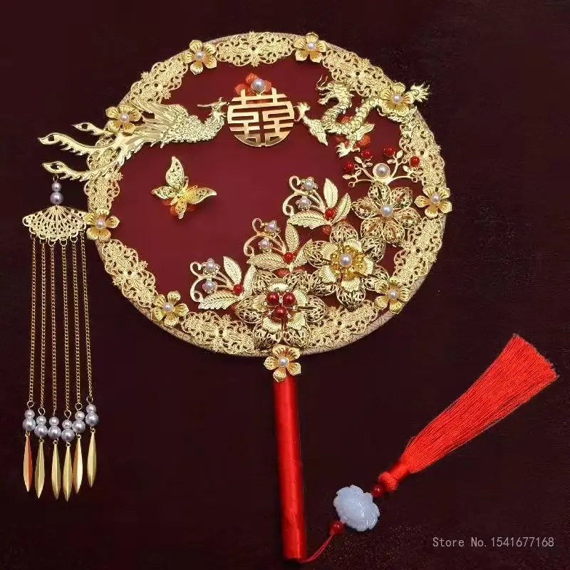 Wedding Bridal Group Fan, Handmade Chinese Hand Bouquets, Ancient Style Happy Fan, Finished Big Decorative Fan, Wedding Gift 1Pc