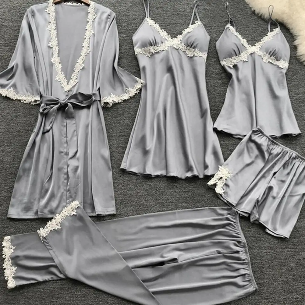5 Pcs/Set Women Pajamas Suit Silky Satin Nightgown Nightdress Top Shorts Pants Set Lace Patchwork Lace-up Women Sleepwear Set women pajamas set women pajama suit