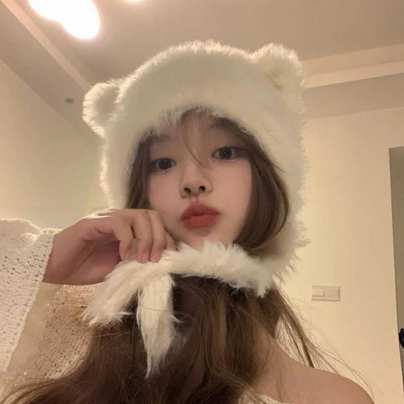 Halloween Winter Plush Cute Cat Ears Beanies Women Pullover Hats Korean Ear Protection Strap Beanies Hat with Earflap Y2k Girl 6