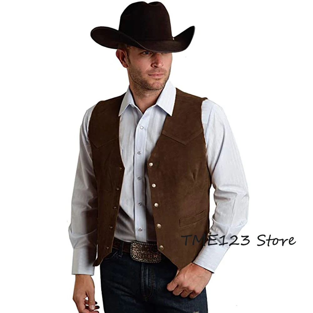 Men's Suede Slim Fit Single Breasted Vest Casual Western Denim Vest 5 Buttons Fashion Classic Clothing