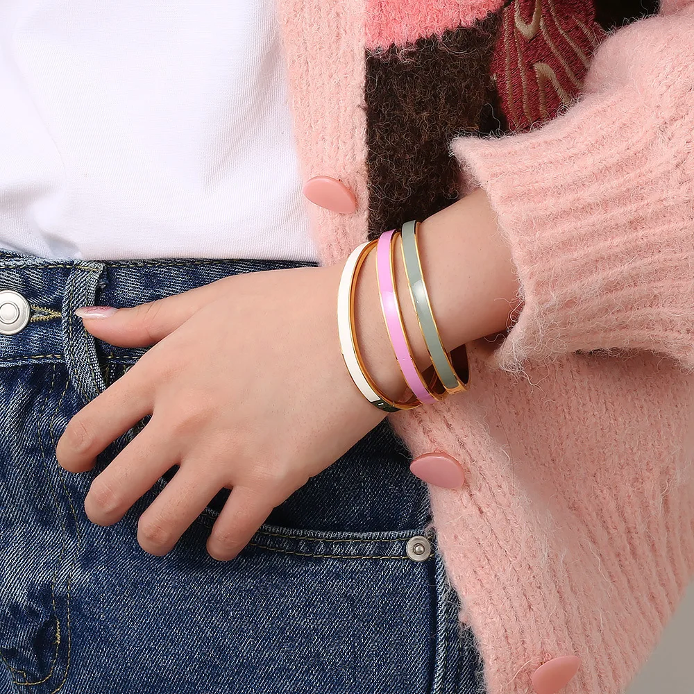 CARLIDANA Luxury Colorful Orange Enamel Bangles Bracelets for Women Party Gift Fashion Bangles Original Stainless Steel Jewelry 4