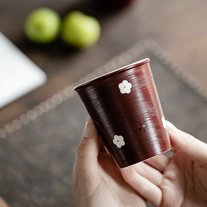 Pink hawthorn red hand-painted plum blossom double porcelain set, retro small capacity tea cup, household tea set
