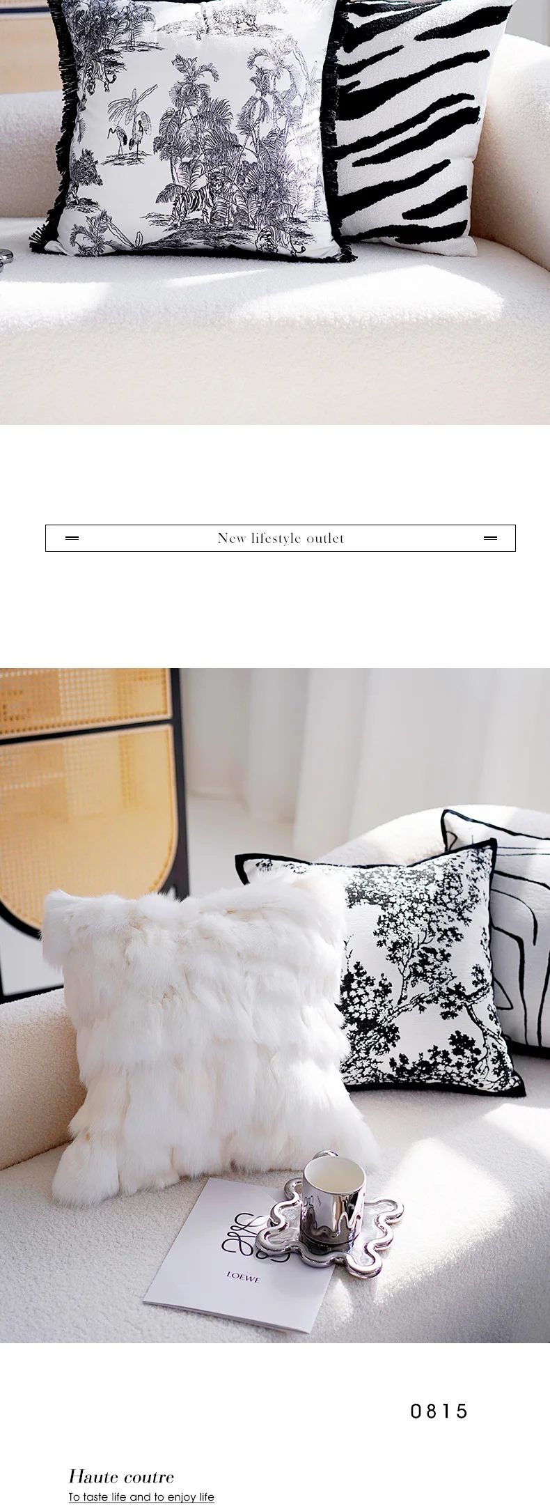 Gestickte dekorative Kissenhülle mit Blumenmuster, geometrisch gestreift, Chenille, schwarz-weiß, Kissenbezüge für Sofa, Bett, Heimdekoration – Detail 7