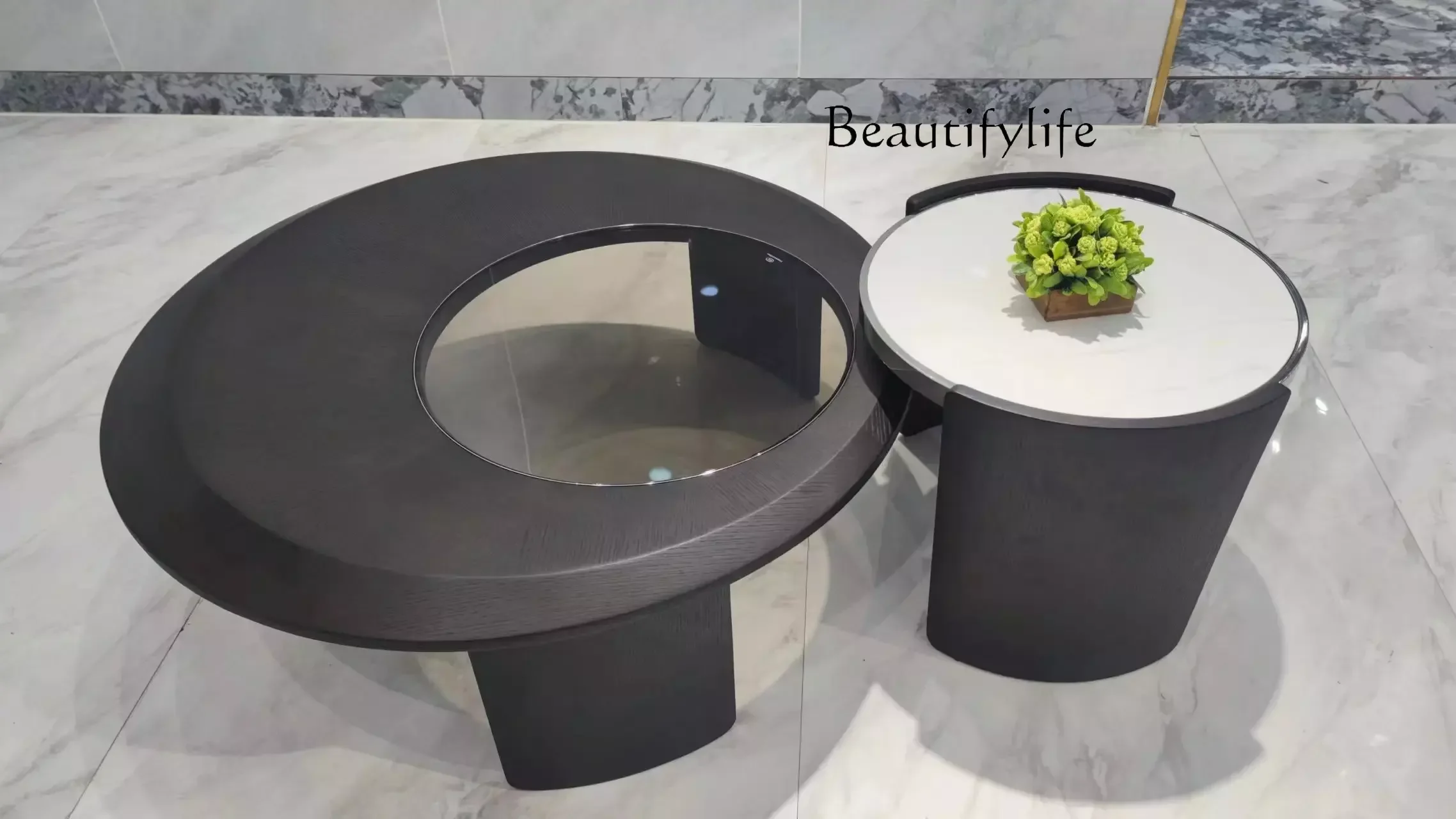 

Italian Minimalist Coffee Table Combination High-End Stone Plate Glass Coffee Table round Tea Table High and Low Combination