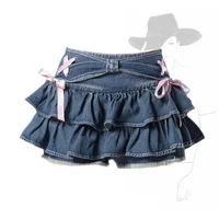 Blue Denim Pleated Skirt Bow Fold Design Women's A-line Short Skirt Built in Shorts American Spicy Girl Korean Fashion Hotsweet - Image 5