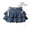 Blue Denim Pleated Skirt Bow Fold Design Women's A-line Short Skirt Built in Shorts American Spicy Girl Korean Fashion Hotsweet 5