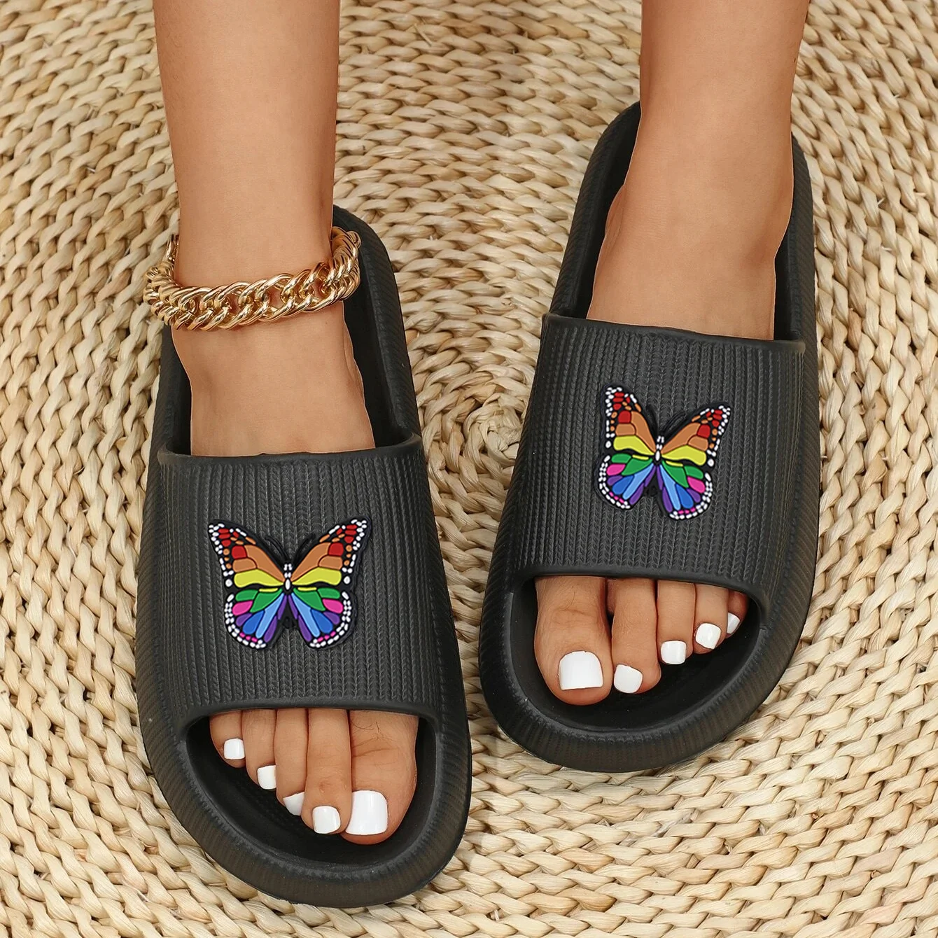 

Women Cartoon Butterfly Decor Beach Slippers Summer Casual Soft Comfy Platform EVA Slides Non-slip Home Bathroom Men 2023 Shoes