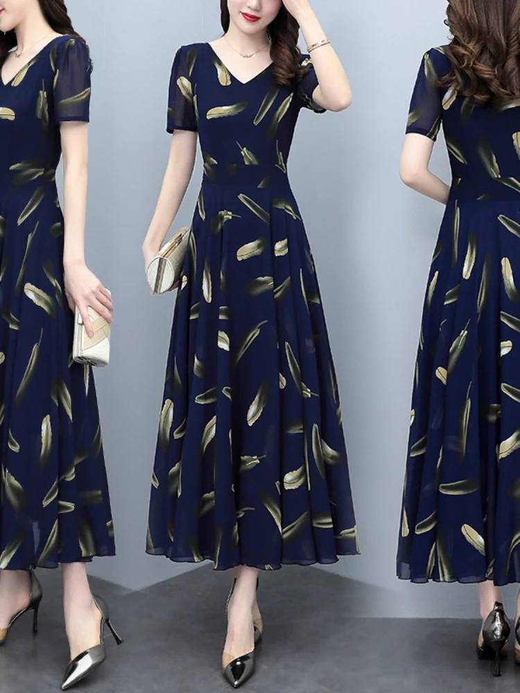 

Женское шифоновое платье с коротким рукавом, Элегантное Длинное пляжное платье с V-образным вырезом и цветочным принтом, повседневное длинное платье на лето