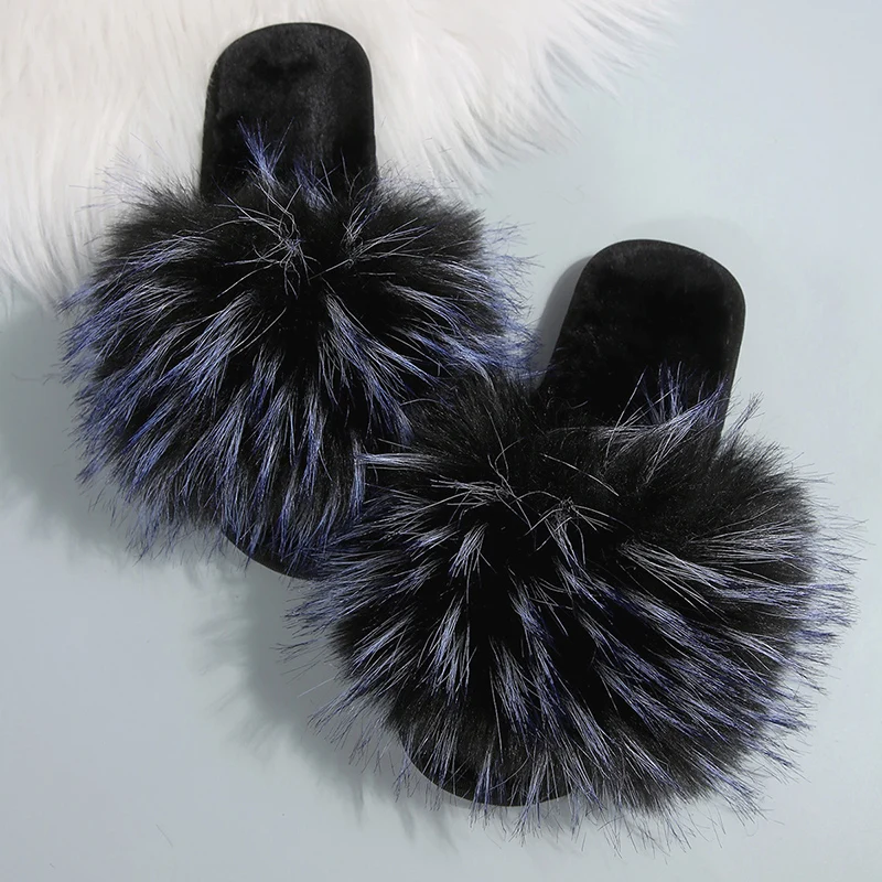 Fashion Mix Color Fluffy Furry Slippers Women Comfortable Soft Flat Sole Slides Woman Autumn Winter Open Toe Plush Slippers