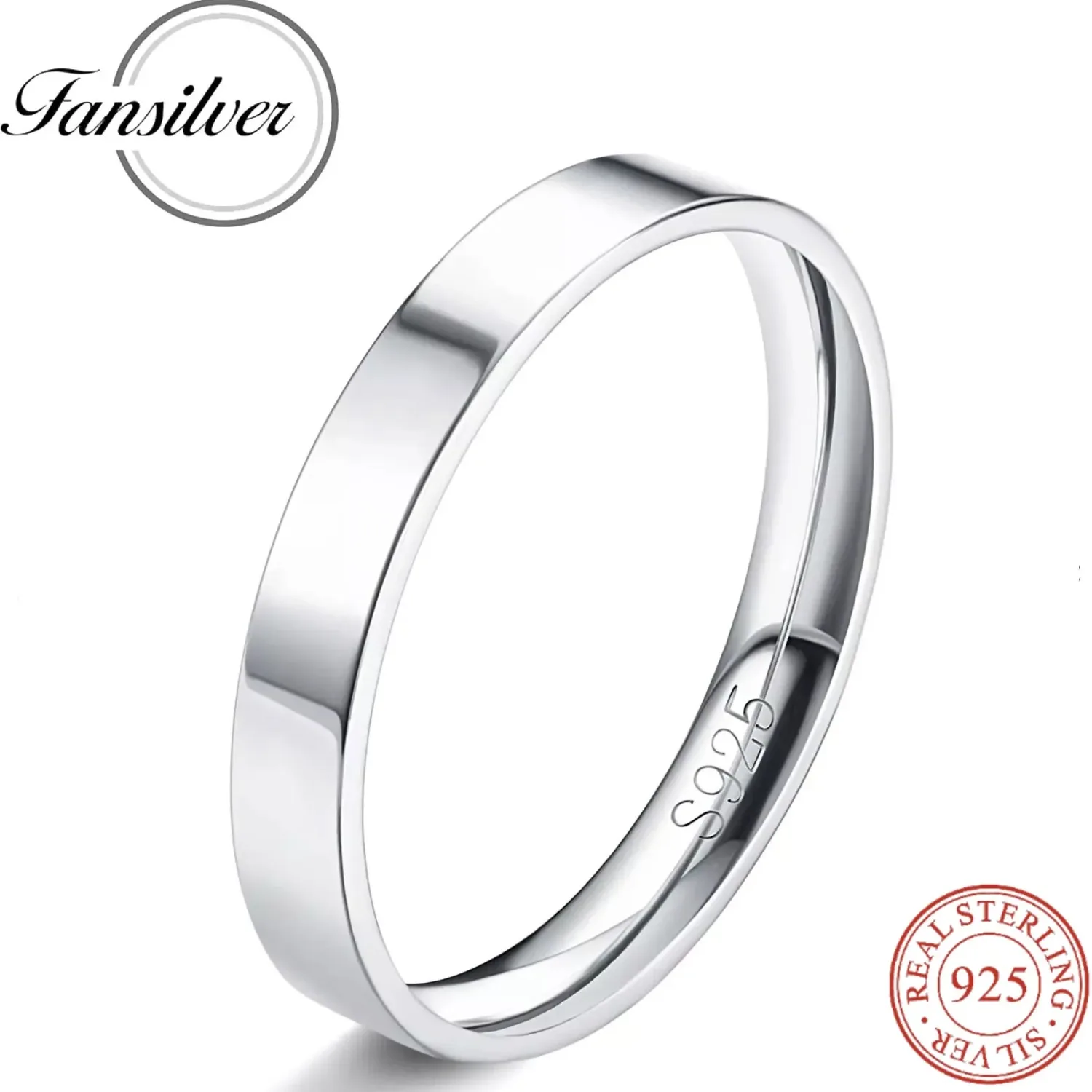Fansilver S925 Sterling Silver Rings for Women Men 18K White Gold Plated Stackable Statement Thin Plain Thumb Ring Wedding Bands