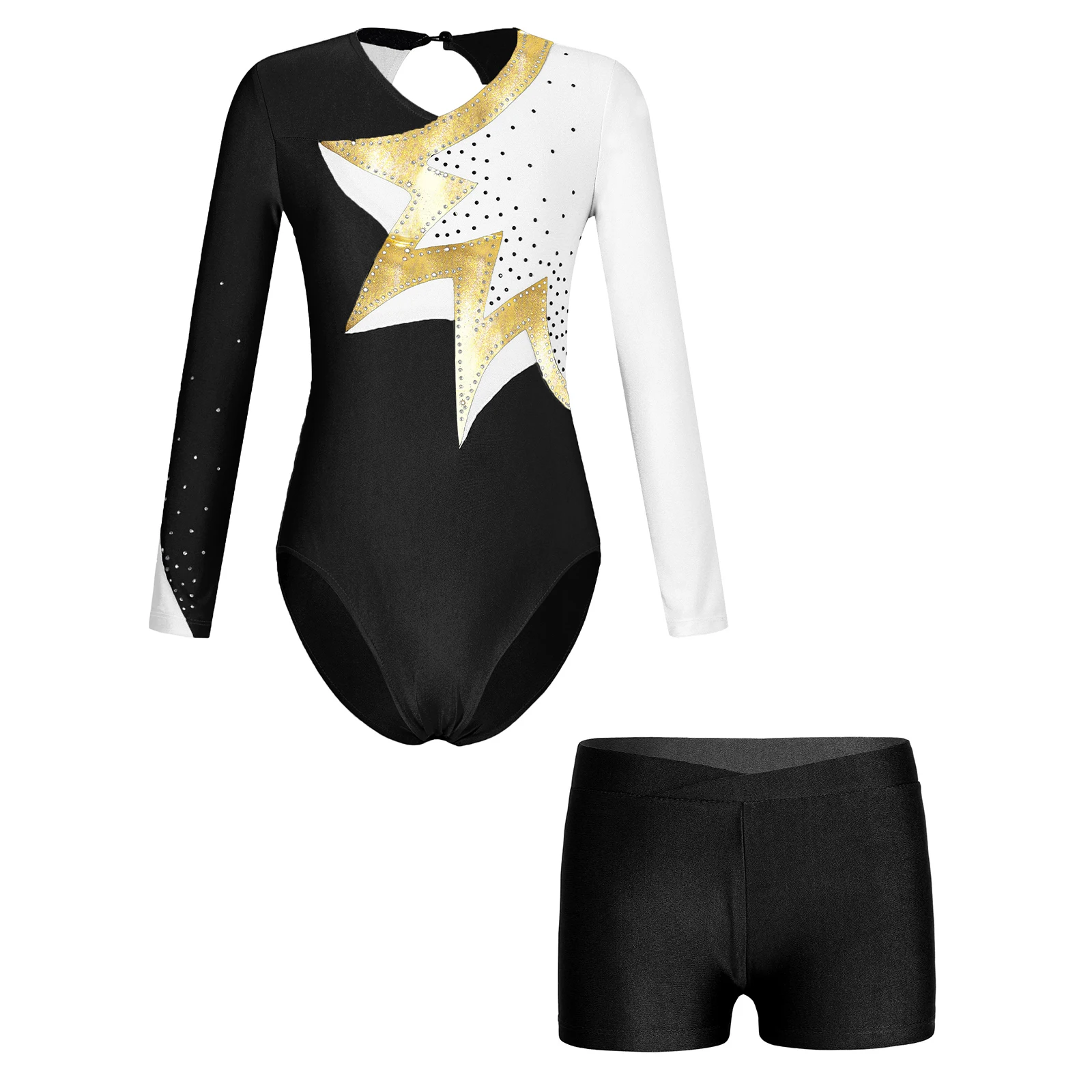 

Kids Girls Gymnastics Figure Skating Costume Ballet Dance Leotard Long Sleeve Color Block Shiny Rhinestone Leotard+Shorts Outfit