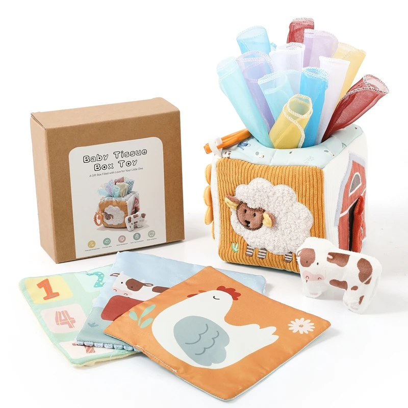 Magische Taschentuchbox, weiche Plüsch-Sensorikspielzeuge, Baby-Montessori-Spielzeug, Baumwoll-Finger-Übungs-Busy-Board-Spiel, Baby-Montessori 0-12 – Detail 4